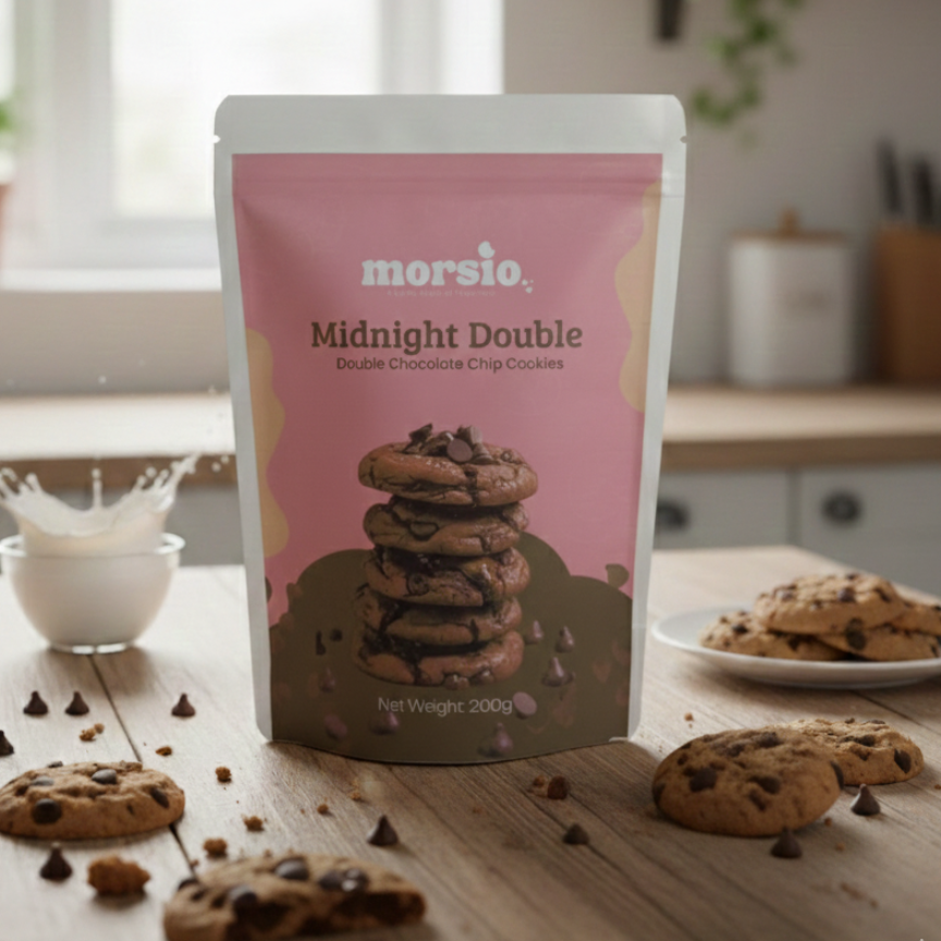 Morsie Midnight Double food package on a kitchen counter with cookies and milk.