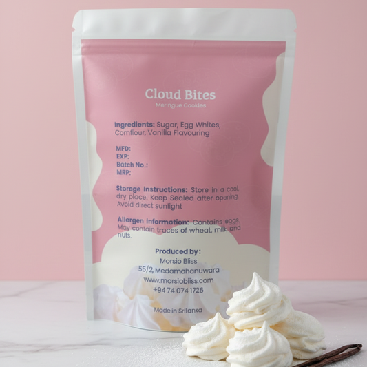 Package of Cloud Bites with whipped cream and vanilla beans on a pink background